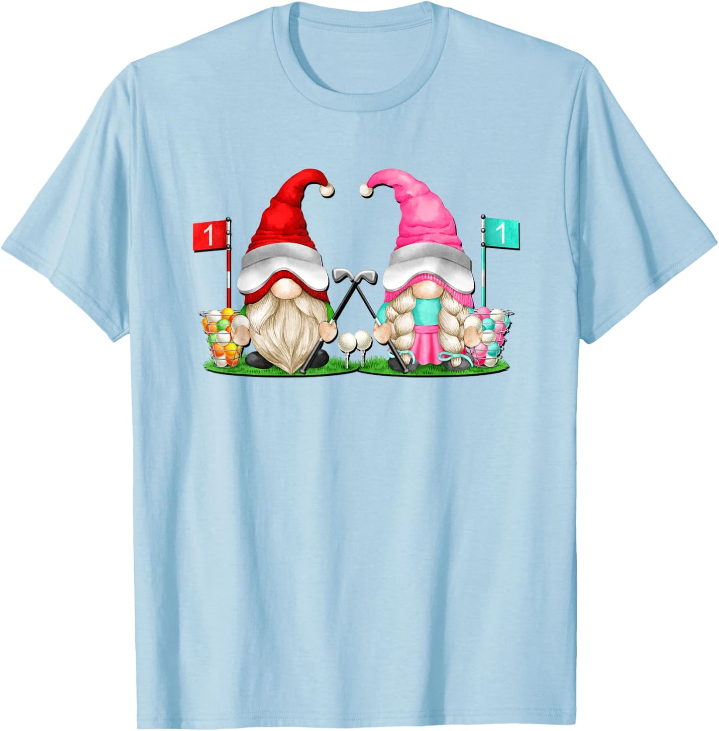 Funny Golf Gnome Graphic And Men Golfing Couple T-Shirt - T-Shirt | Light Blue
