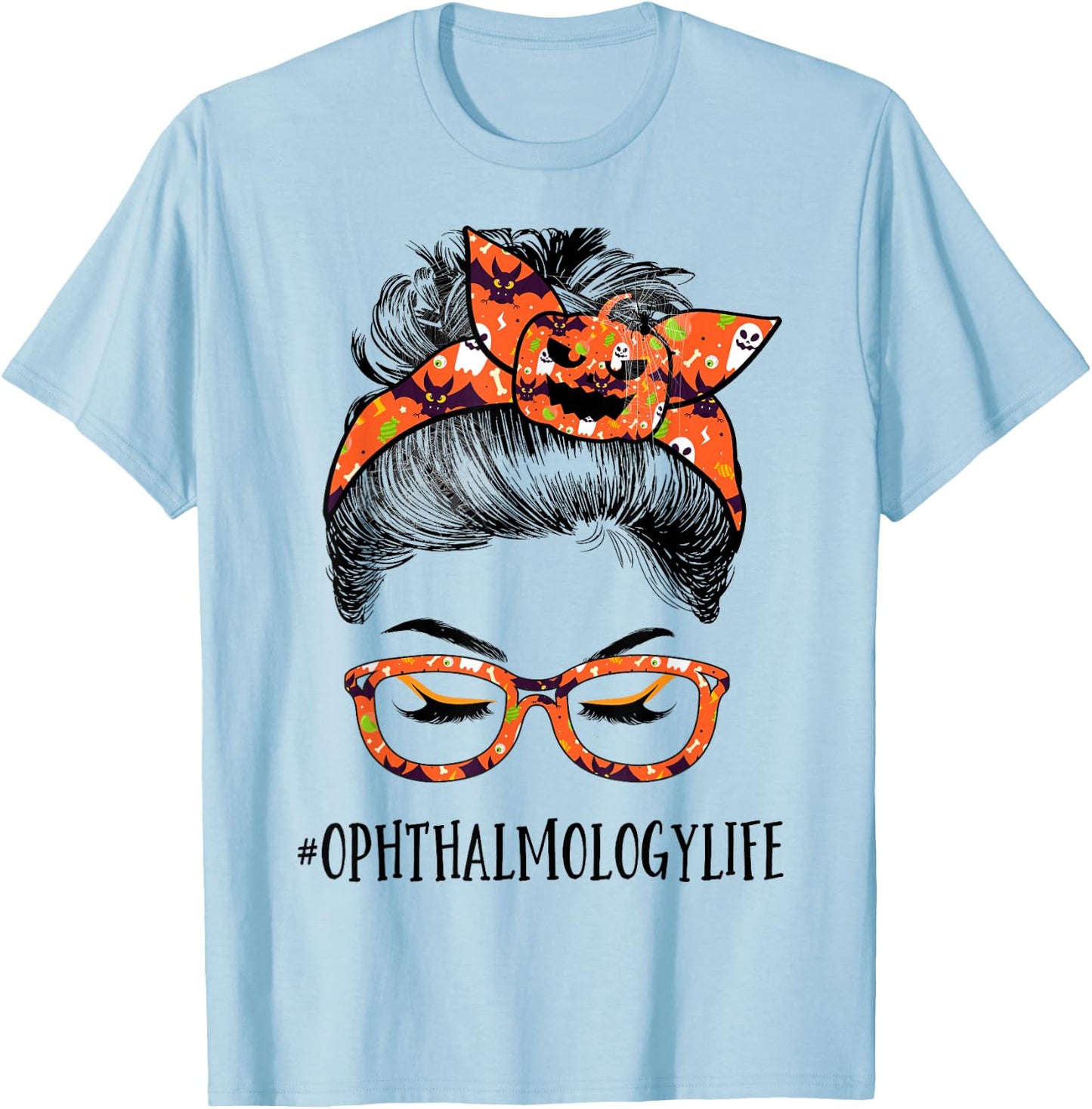 Ophthalmology Women Messy bun Pumpkin Halloween Spider T-Shirt - T-Shirt | Light Blue