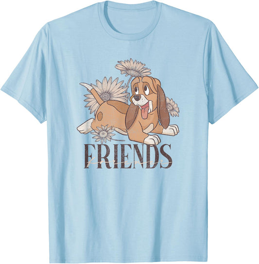 Disney The Fox and The Hound Friends Forever Floral Logo T-Shirt - T-Shirt | Light Blue
