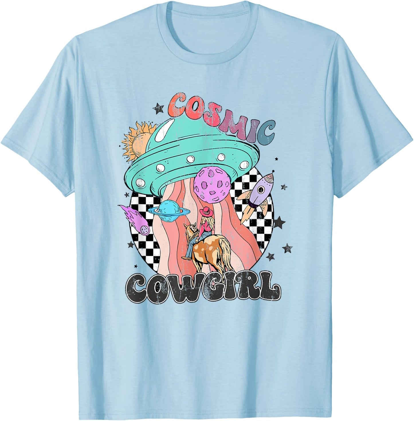 Retro Cosmic Cowgirl In Space Cowboy Western Country Cowgirl T-Shirt - T-Shirt | Light Blue