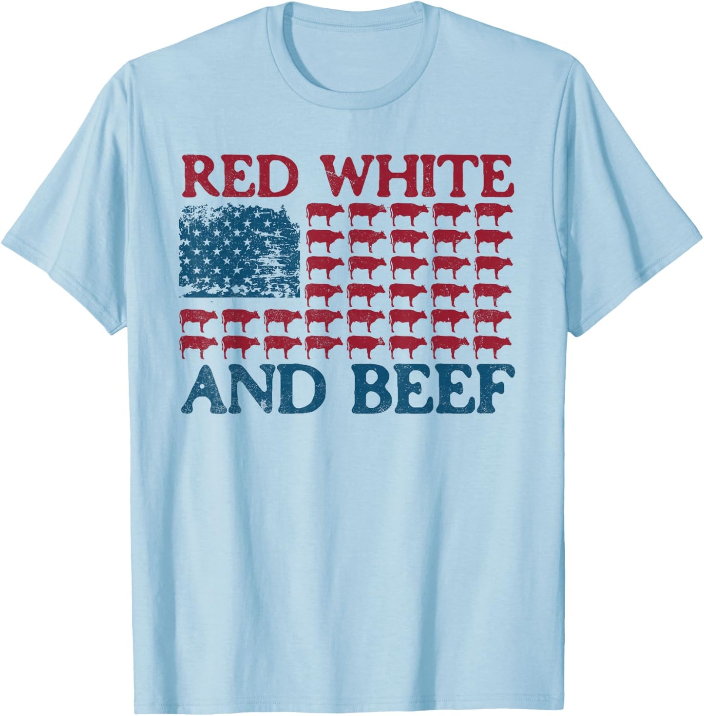 Red White And Beef 4th Of July Cattle American Flag Cow T-Shirt - T-Shirt | Light Blue