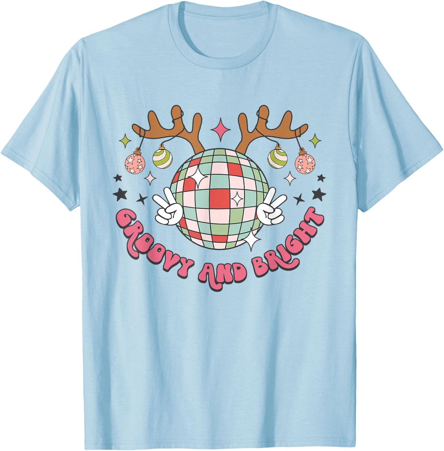 Groovy And Bright Merry Christmas Disco Ball Reindeer T-Shirt - T-Shirt | Light Blue