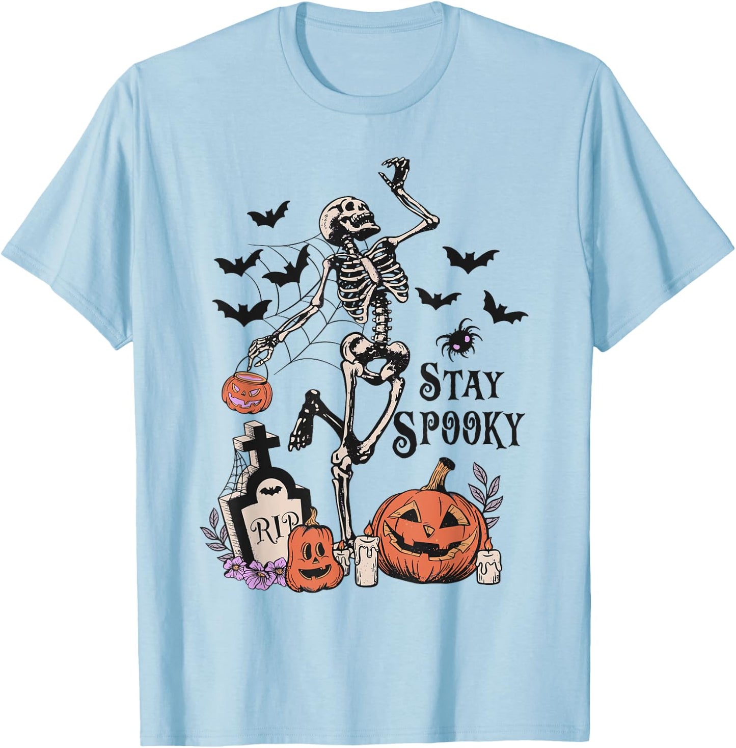 Dancing Skeleton Pumpkin Bat Tombstone Spooky Halloween T-Shirt - T-Shirt | Light Blue