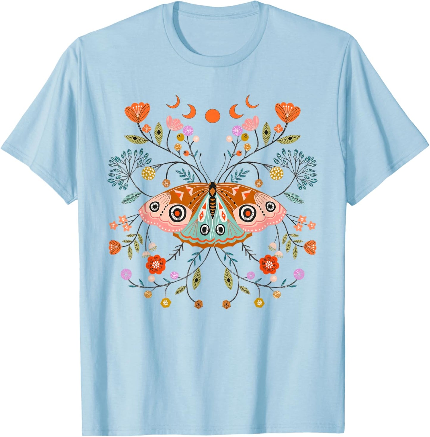 Mystical Butterfly Scandinavian Folk Art Botanical T-Shirt - T-Shirt | Light Blue