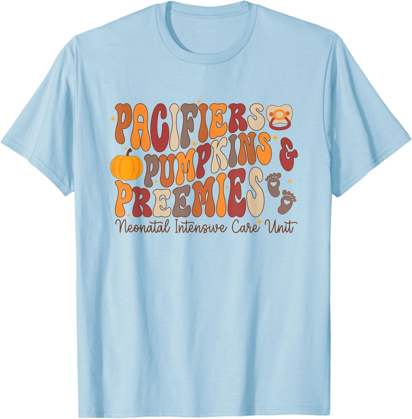 Retro Pacifiers Pumpkins Preemies Thanksgiving NICU Nurse T-Shirt - T-Shirt | Light Blue