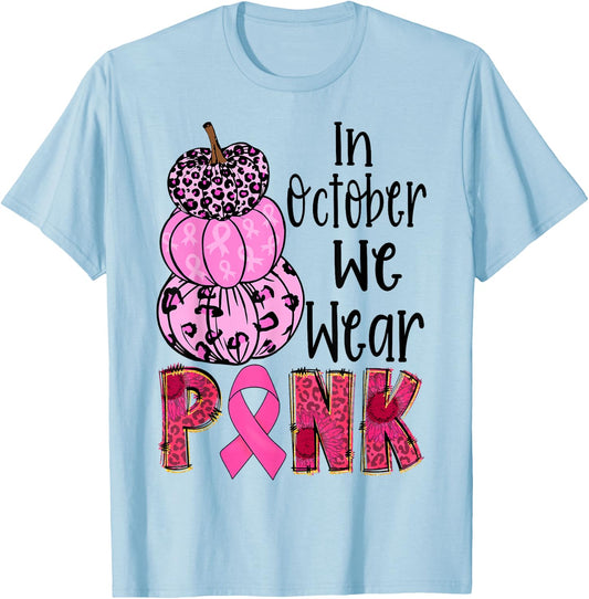 In October We Wear Pink Ribbon Leopard Pumpkin Breast Cancer T-Shirt - T-Shirt | Light Blue