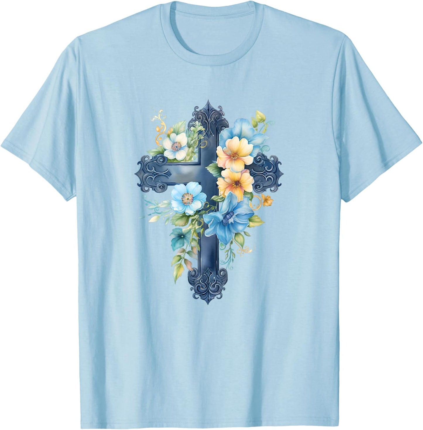 Catholic Watercolor Cross Graphic Women Floral Aesthetic T-Shirt - T-Shirt | Light Blue