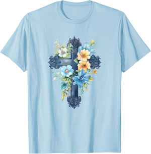 Catholic Watercolor Cross Graphic Women Floral Aesthetic T-Shirt - T-Shirt | Light Blue