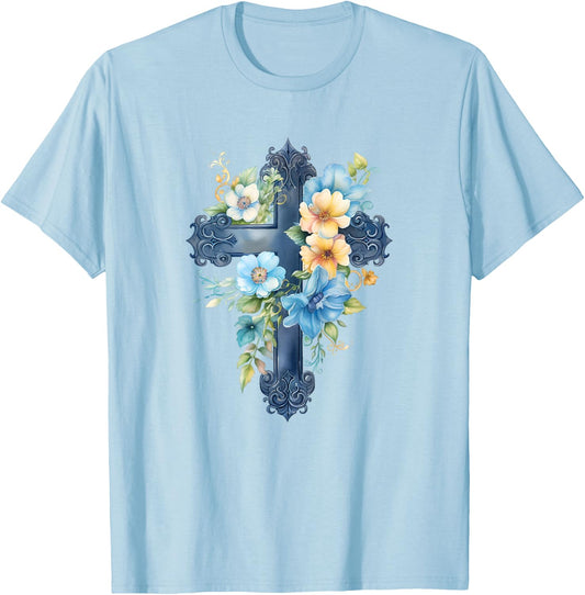 Catholic Watercolor Cross Graphic Women Floral Aesthetic T-Shirt - T-Shirt | Light Blue