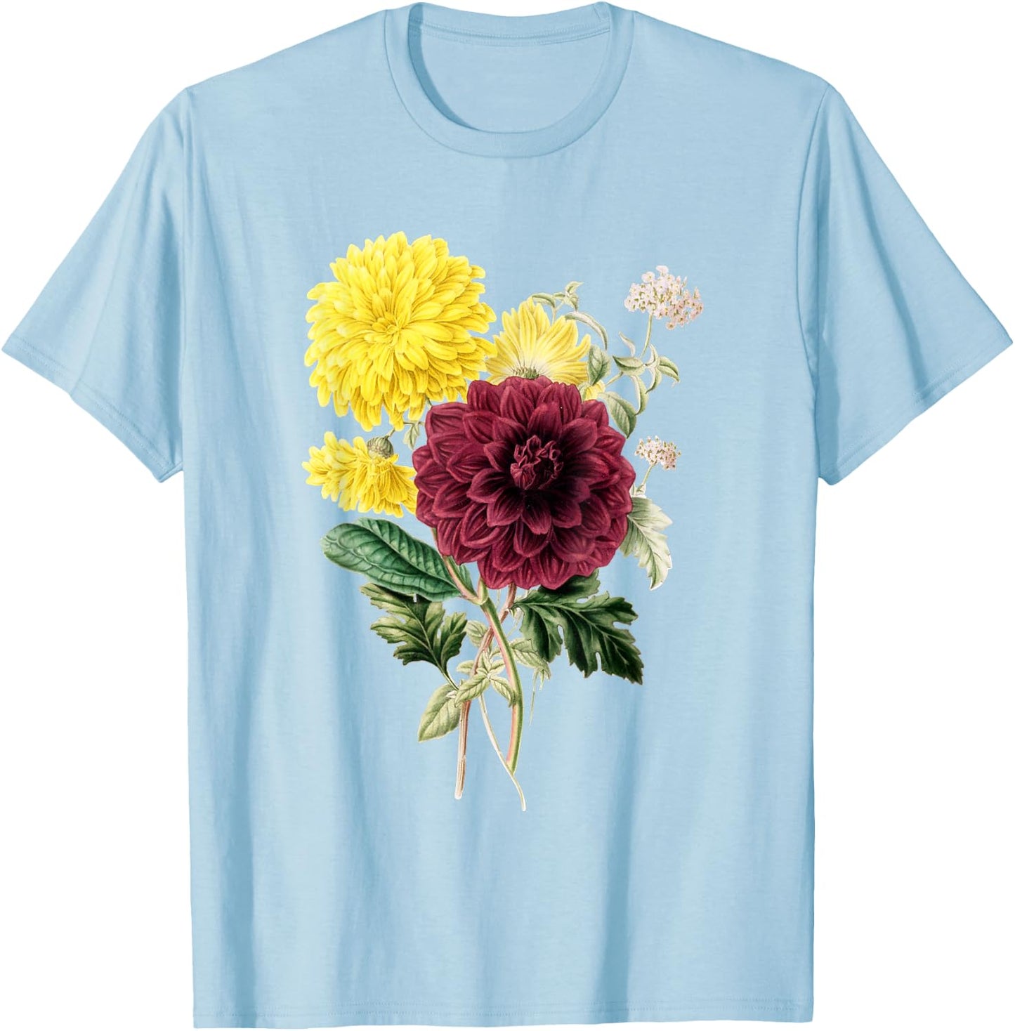 Dahlia Botanical Plant Bee Flower Annual Garden T-Shirt - T-Shirt | Light Blue