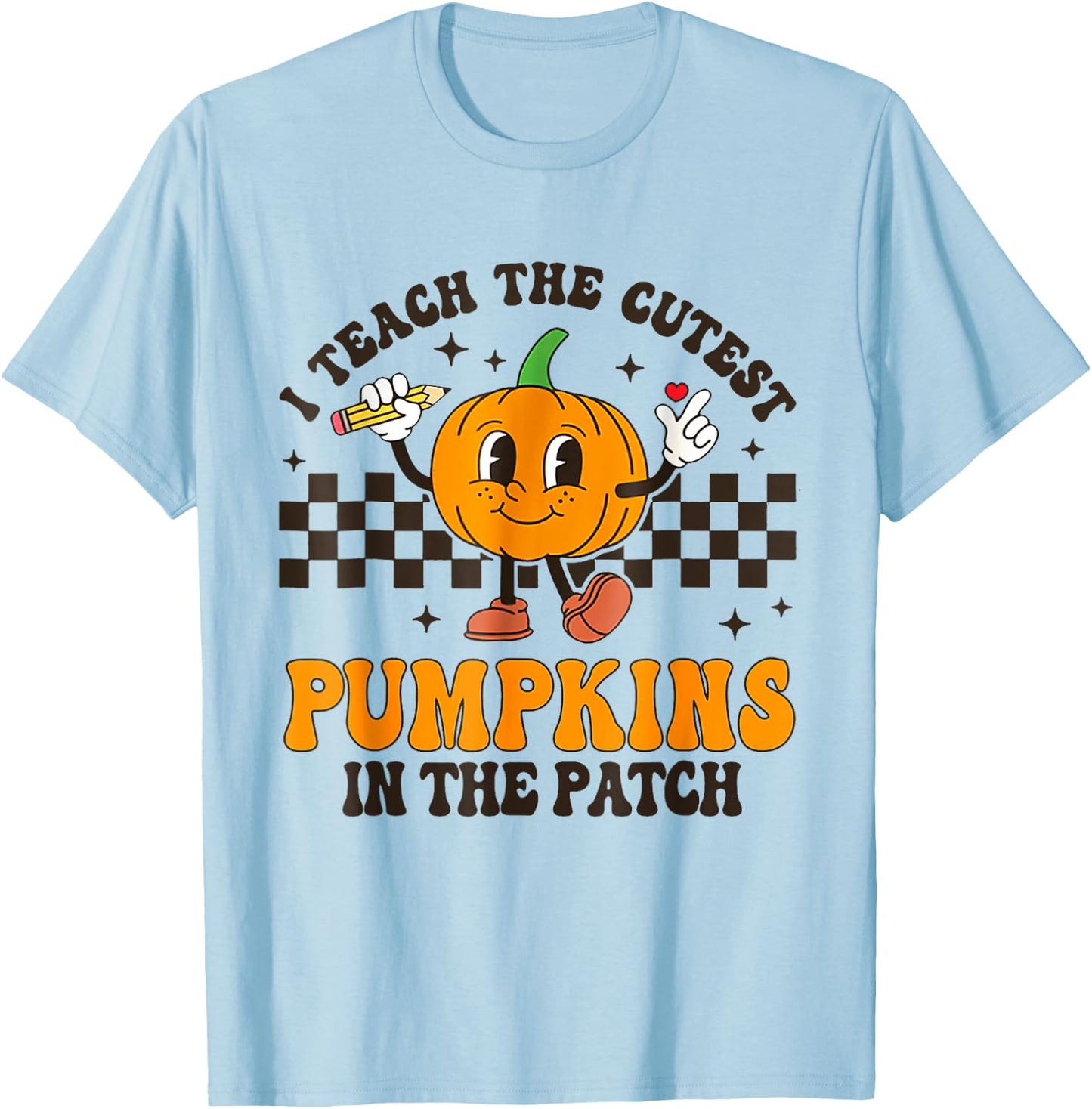 I Teach The Cutest Pumpkins In The Patch Groovy Teacher Fall T-Shirt - T-Shirt | Light Blue