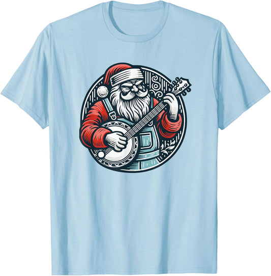Banjo Santa Bluegrass County Santa Claus With Overalls T-Shirt - T-Shirt | Light Blue