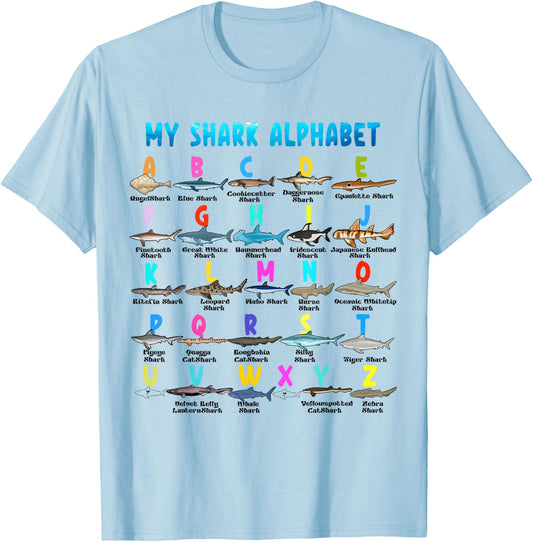 Types Of Shark Alphabet ABC Kids Back To School Bigfoot T-Shirt - T-Shirt | Light Blue