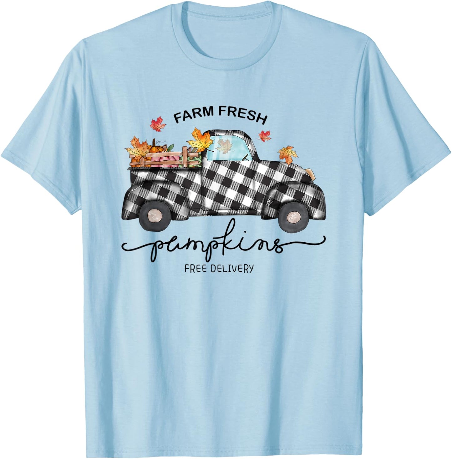 Farm Fresh Pumpkins Autumn Leaves Truck Buffalo Plaid Fall T-Shirt - T-Shirt | Light Blue