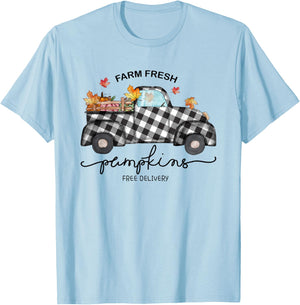 Farm Fresh Pumpkins Autumn Leaves Truck Buffalo Plaid Fall T-Shirt - T-Shirt | Light Blue