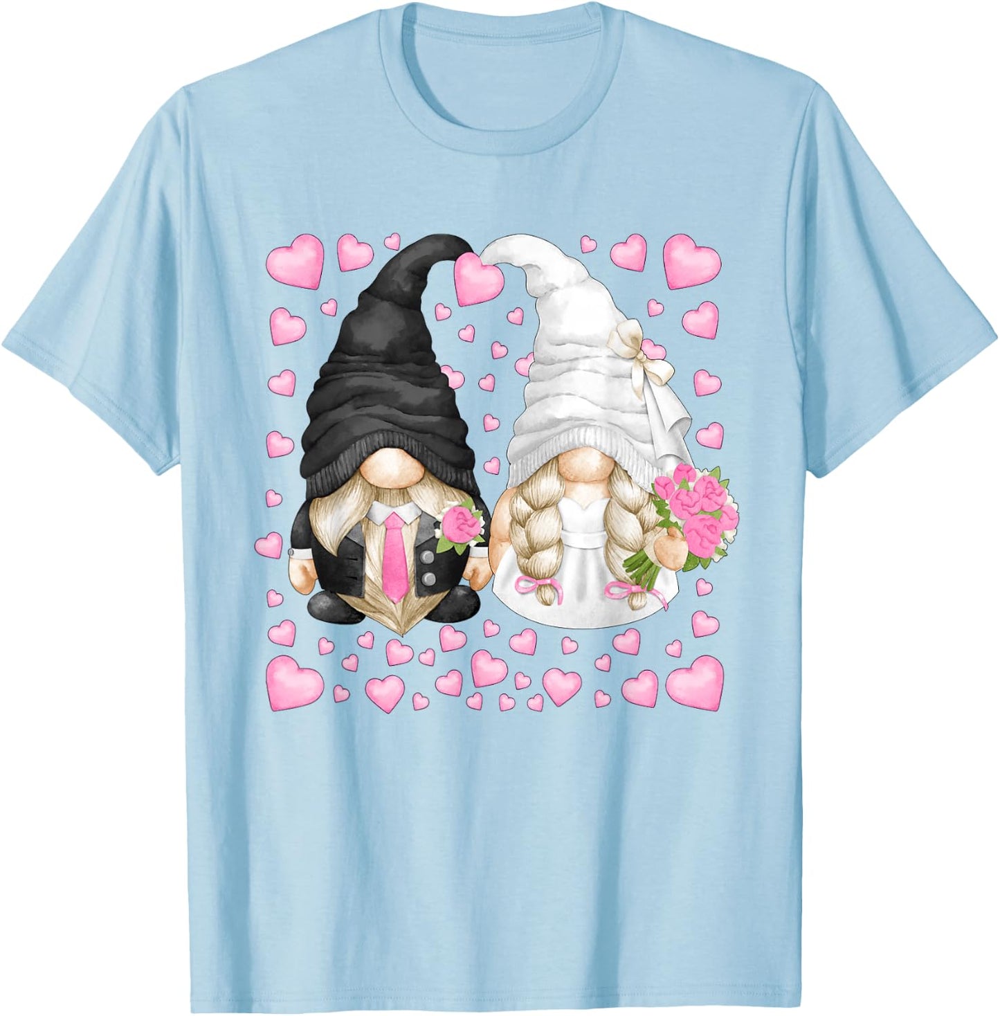 Cute Heart Pattern For Wedding Mr. Groom Mrs. Bride Gnome T-Shirt - T-Shirt | Light Blue