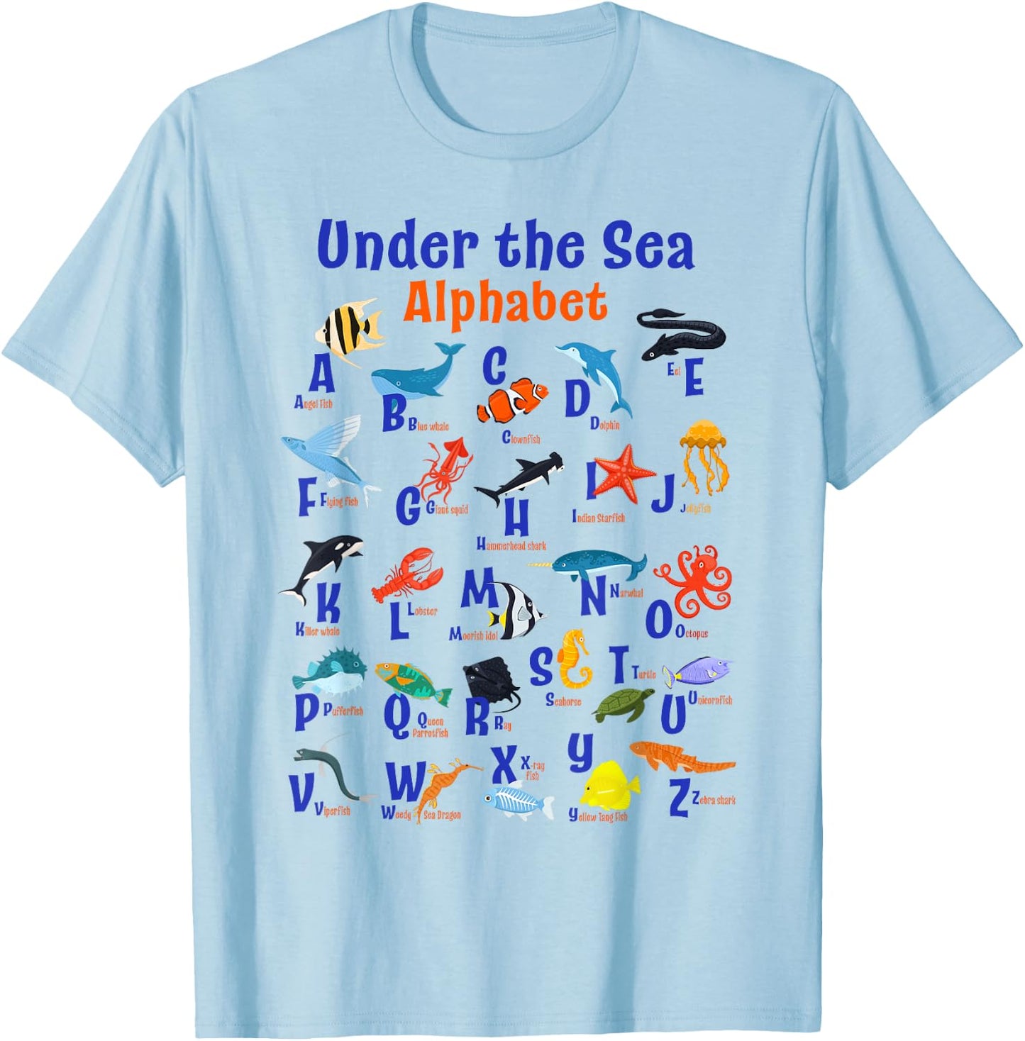 ABC Animals Under Water A-Z Types of Sea Animals Alphabet T-Shirt - T-Shirt | Light Blue