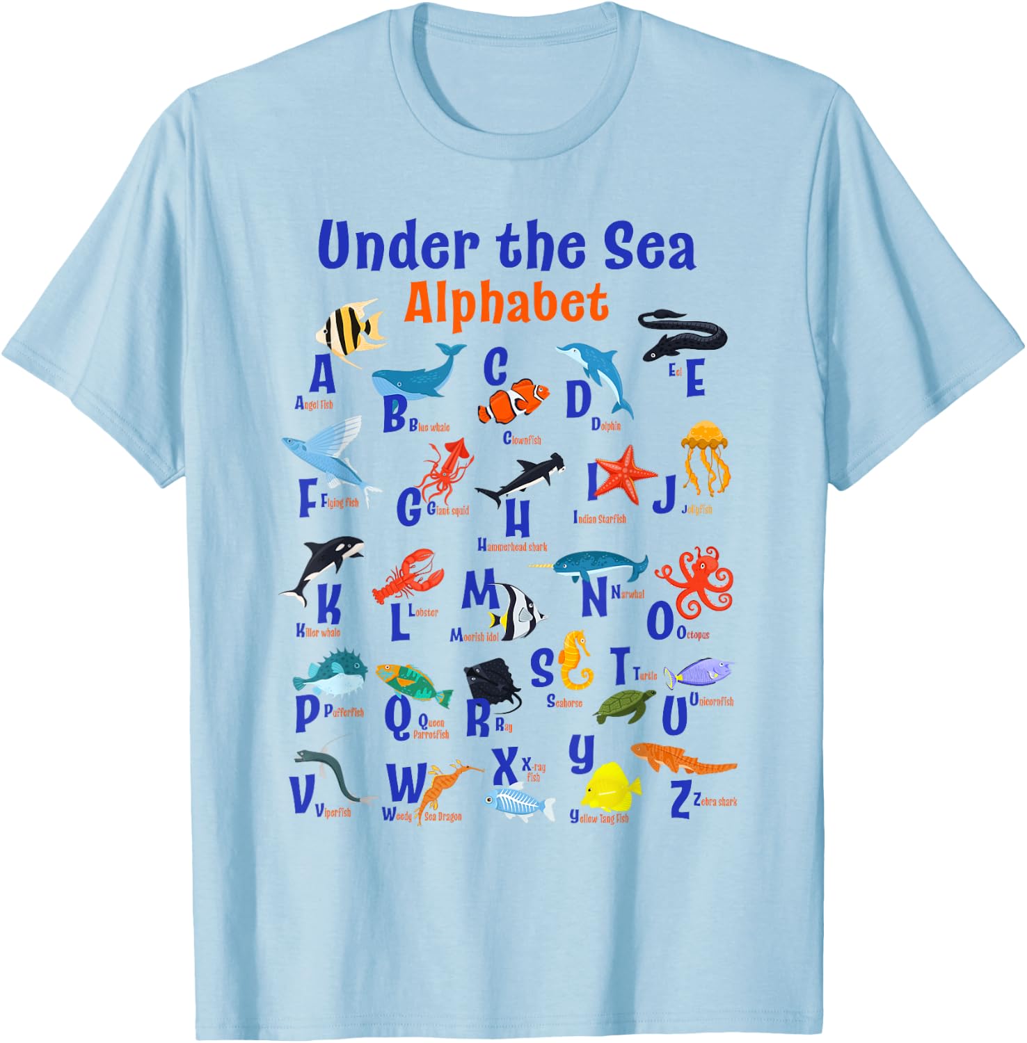 ABC Animals Under Water A-Z Types of Sea Animals Alphabet T-Shirt - T-Shirt | Light Blue