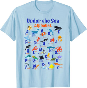 ABC Animals Under Water A-Z Types of Sea Animals Alphabet T-Shirt - T-Shirt | Light Blue