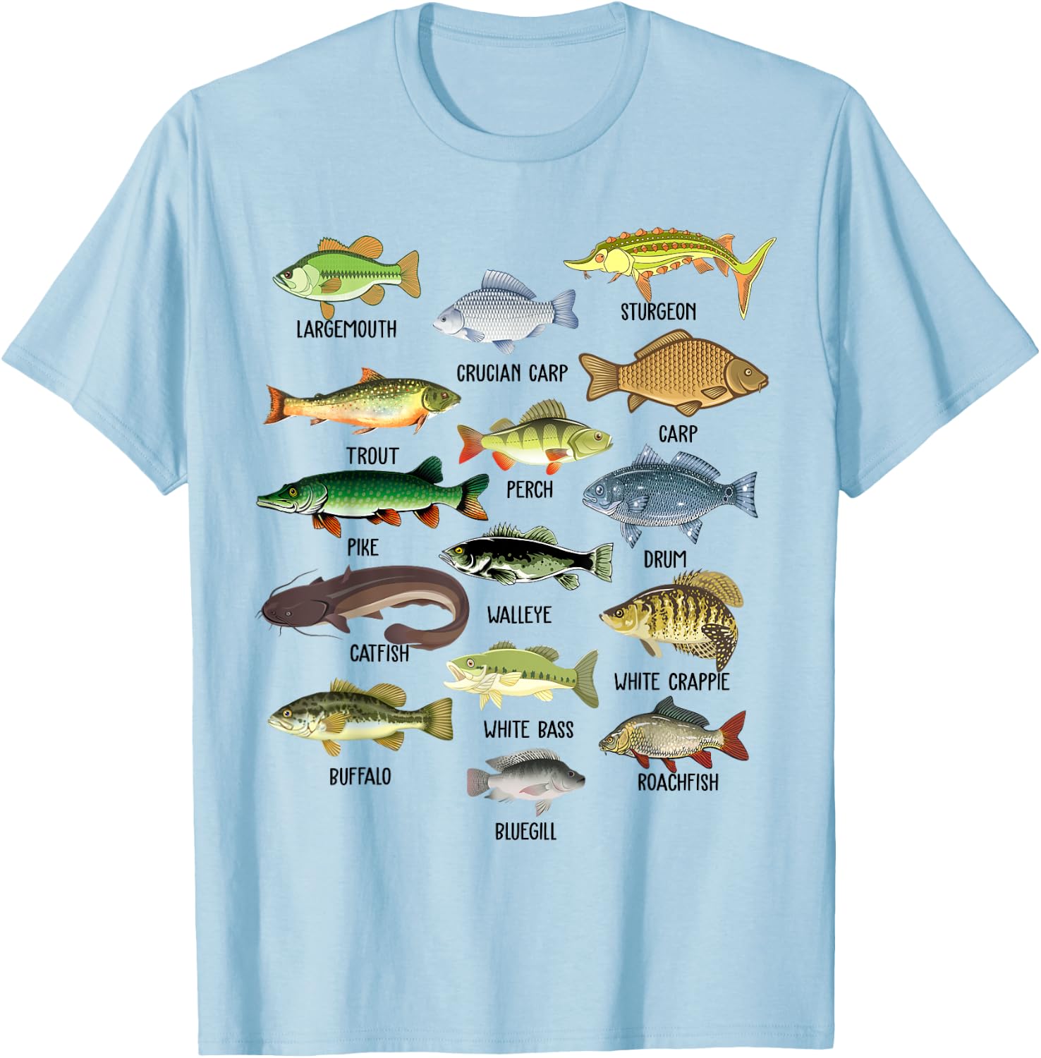 Fishing-Shirt Types Freshwater Fish Funny Bass Dad Graphic T-Shirt - T-Shirt | Light Blue