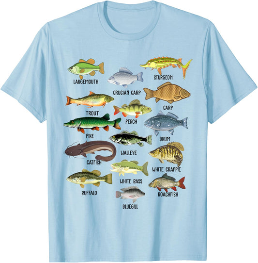 Fishing-Shirt Types Freshwater Fish Funny Bass Dad Graphic T-Shirt - T-Shirt | Light Blue