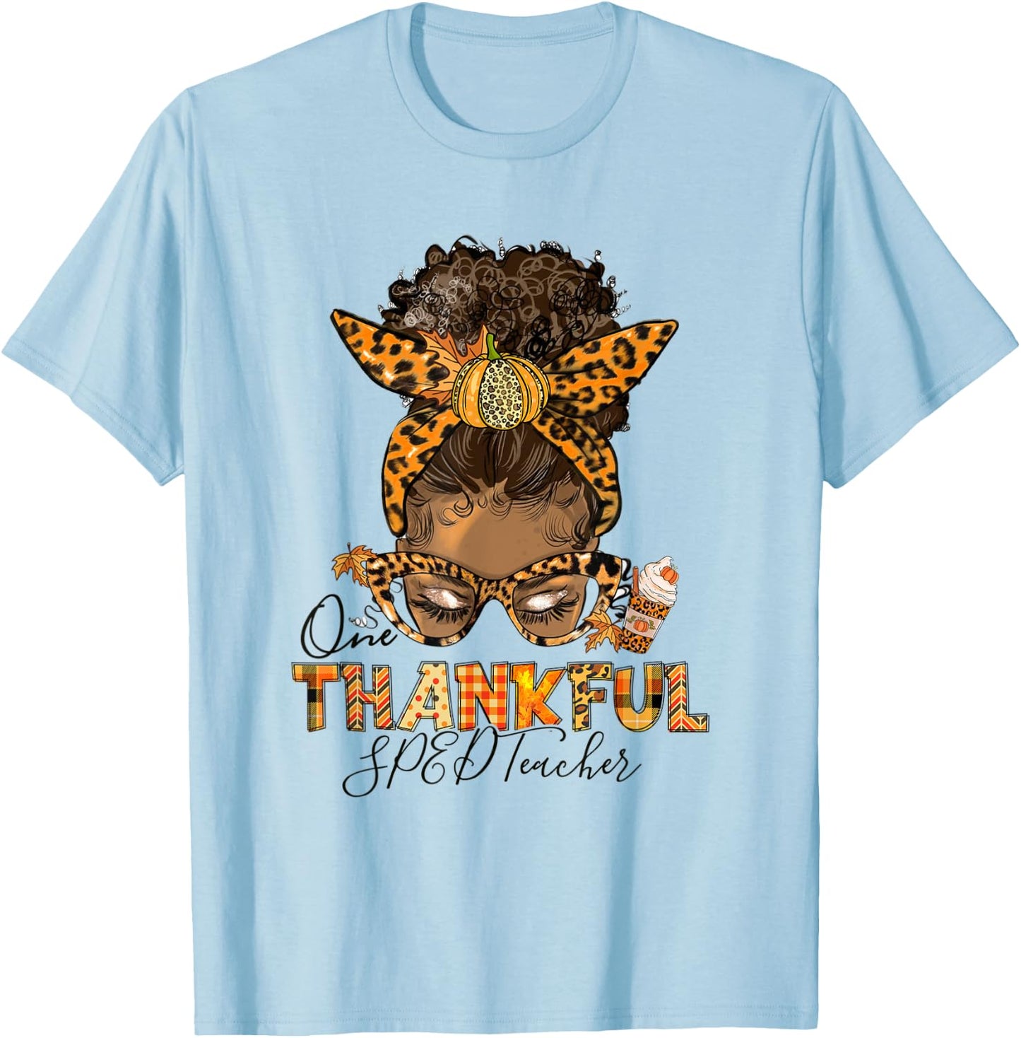 One Thankful SPED Teacher Messy Bun Thanksgiving Afro Women T-Shirt - T-Shirt | Light Blue