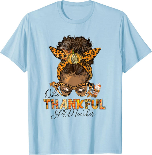 One Thankful SPED Teacher Messy Bun Thanksgiving Afro Women T-Shirt - T-Shirt | Light Blue