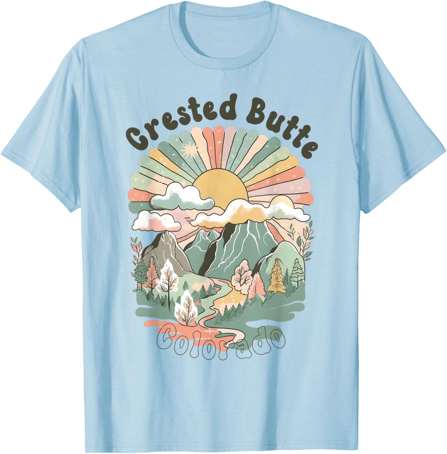 Vintage Crested Butte Mountains Colorado Sunset Groovy T-Shirt - T-Shirt | Light Blue