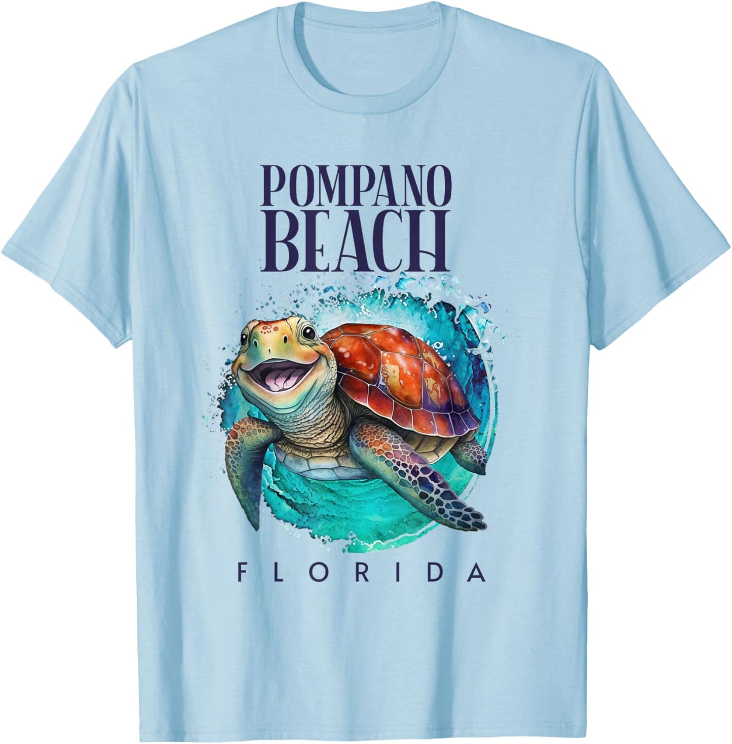 Pompano Beach Florida Watercolor Happy Sea Turtle T-Shirt - T-Shirt | Light Blue