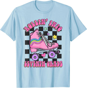 Kids Back To School Skating Rollin Into Seventh 7th Grade T-Shirt - T-Shirt | Light Blue