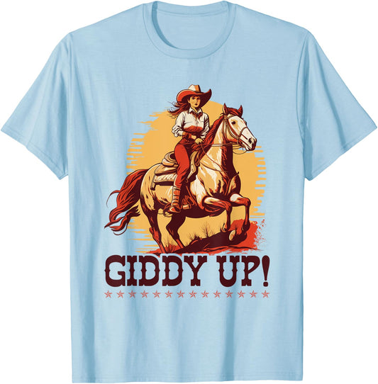 Country Giddy Up, Bronc Horse Riding Giddy Up Cowgirl T-Shirt - T-Shirt | Light Blue