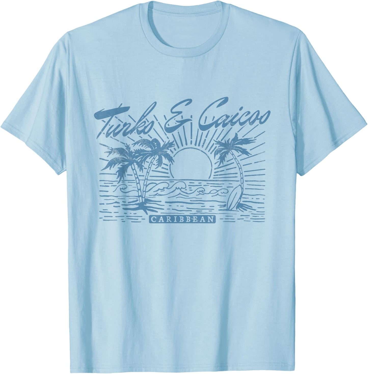 Turks and Caicos Caribbean Vintage Style Distressed Beach T-Shirt - T-Shirt | Light Blue