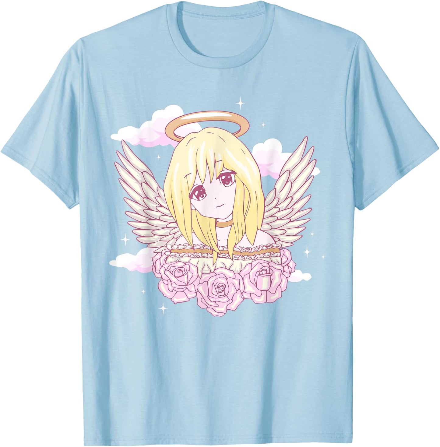 Angelcore Aesthetic Anime Girl Roses Angel Halo T-Shirt - T-Shirt | Light Blue
