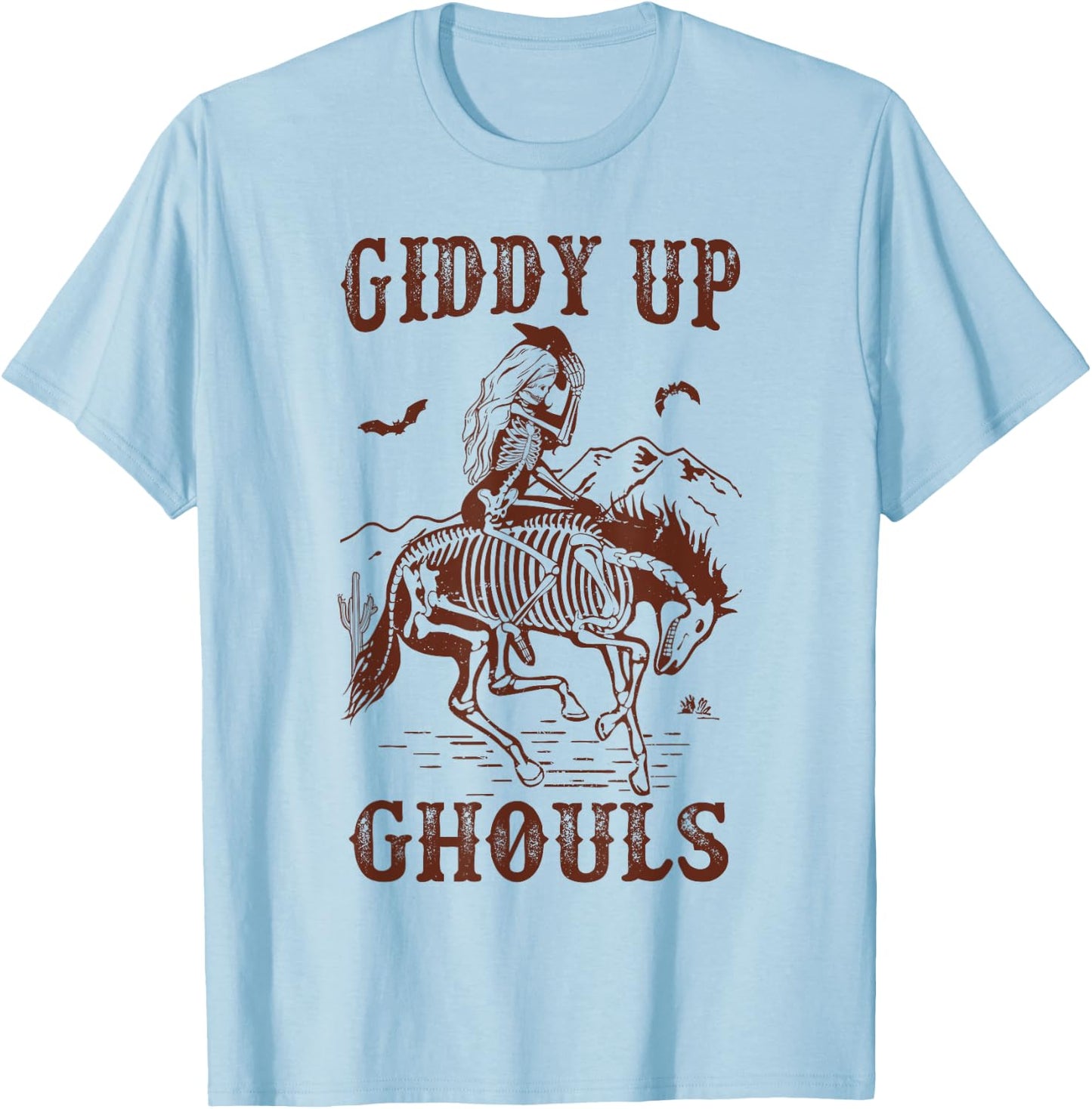 Giddy Up Ghouls Halloween Western Cowgirl Cowboy Skeleton T-Shirt - T-Shirt | Light Blue