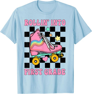 Rolling Into First Grade Retro Roller Skates Back To School T-Shirt - T-Shirt | Light Blue