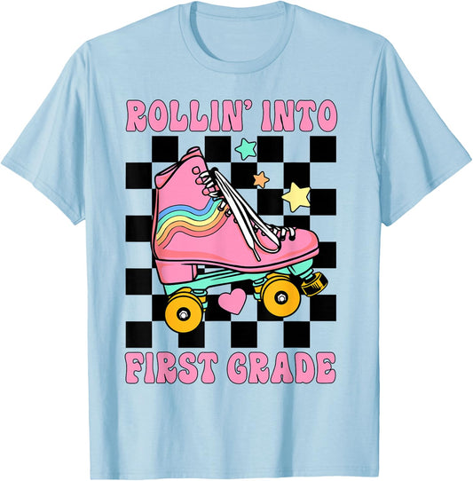 Rolling Into First Grade Retro Roller Skates Back To School T-Shirt - T-Shirt | Light Blue