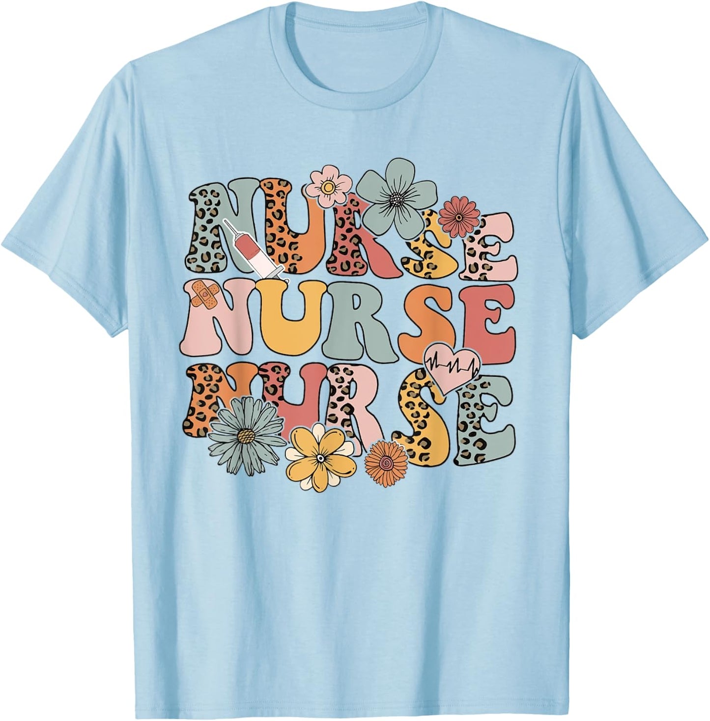 Leopard Wildflowers Nurse Appreciation Registered Nurse T-Shirt - T-Shirt | Light Blue