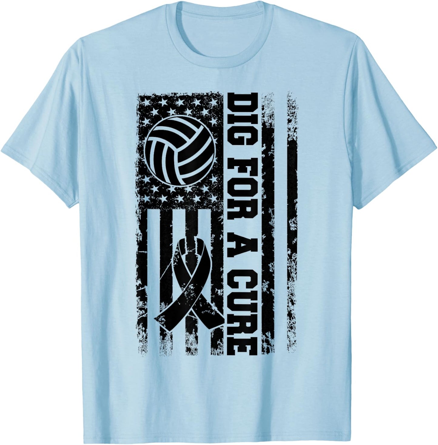 Dig For A Cure Breast Cancer Volleyball Pink American Flag T-Shirt - T-Shirt | Light Blue