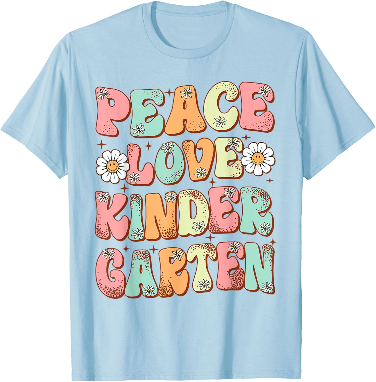Peace Love Kindergarten Groovy First Day of Kindergarten T-Shirt - T-Shirt | Light Blue