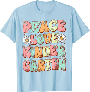 Peace Love Kindergarten Groovy First Day of Kindergarten T-Shirt - T-Shirt | Light Blue