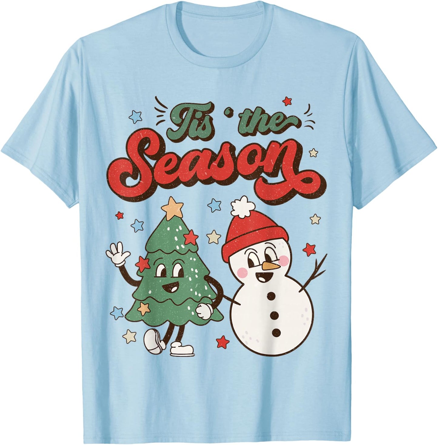 Vintage Christmas Tis The Season Christmas Tree Snowman T-Shirt - T-Shirt | Light Blue