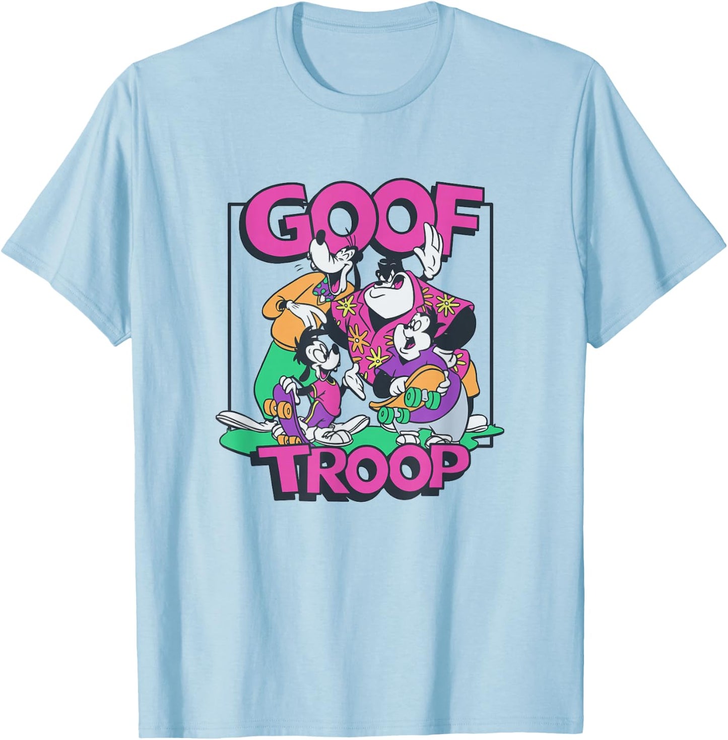 Disney A Goofy Movie Goof Troop Neon Group Shot Portrait T-Shirt - T-Shirt | Light Blue