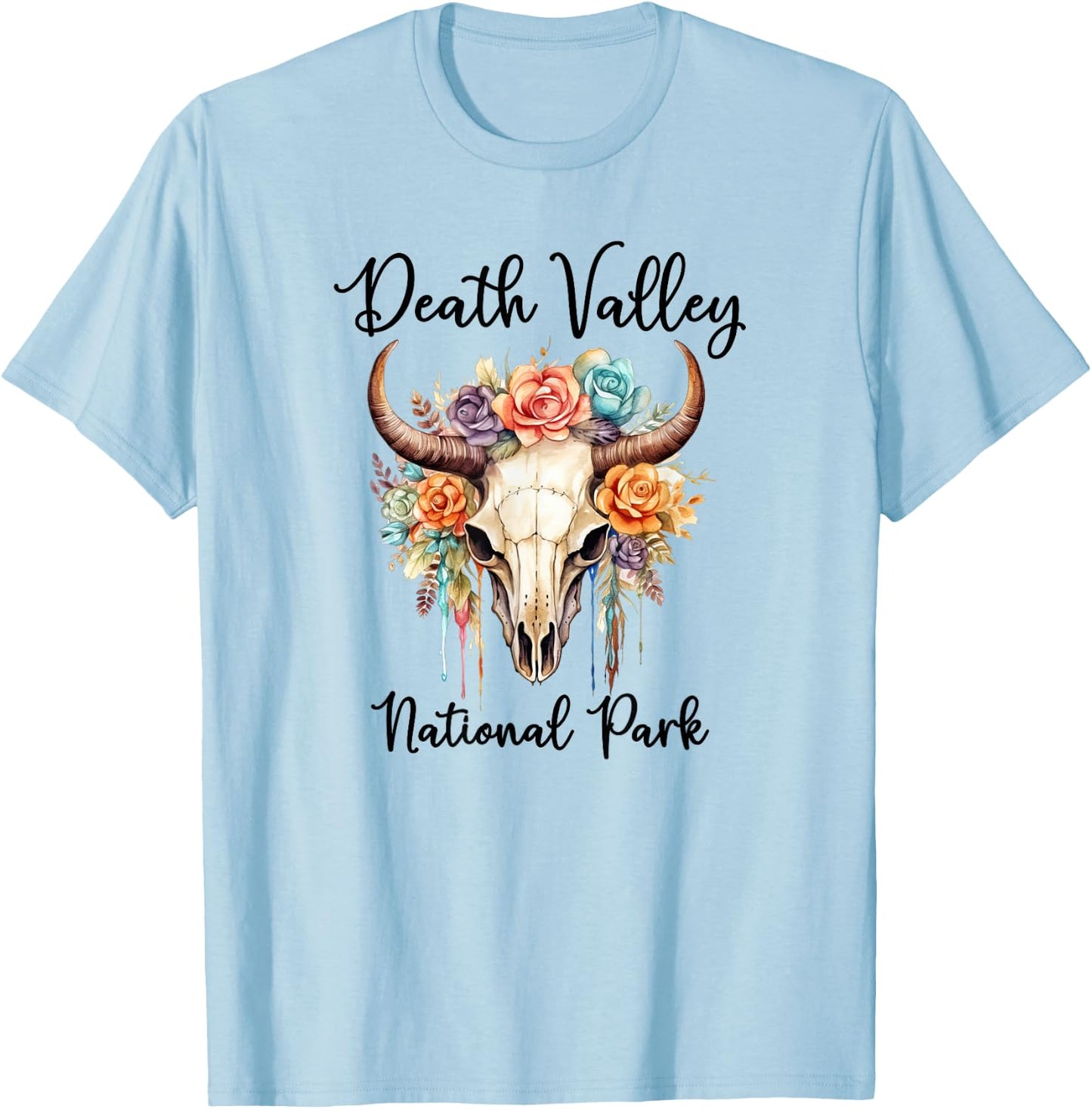 DEATH VALLEY NATIONAL PARK Skull with Colorful Flowers T-Shirt - T-Shirt | Light Blue