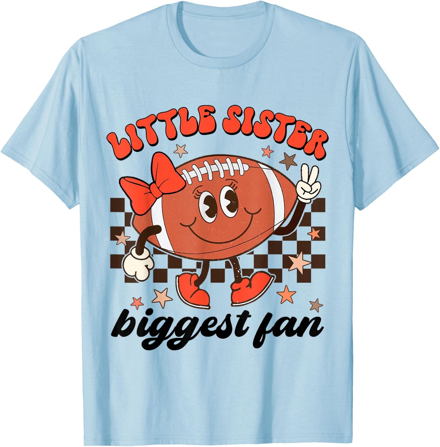 Little Sister Biggest Fan Football Groovy Game Day Girls Kid T-Shirt - T-Shirt | Light Blue