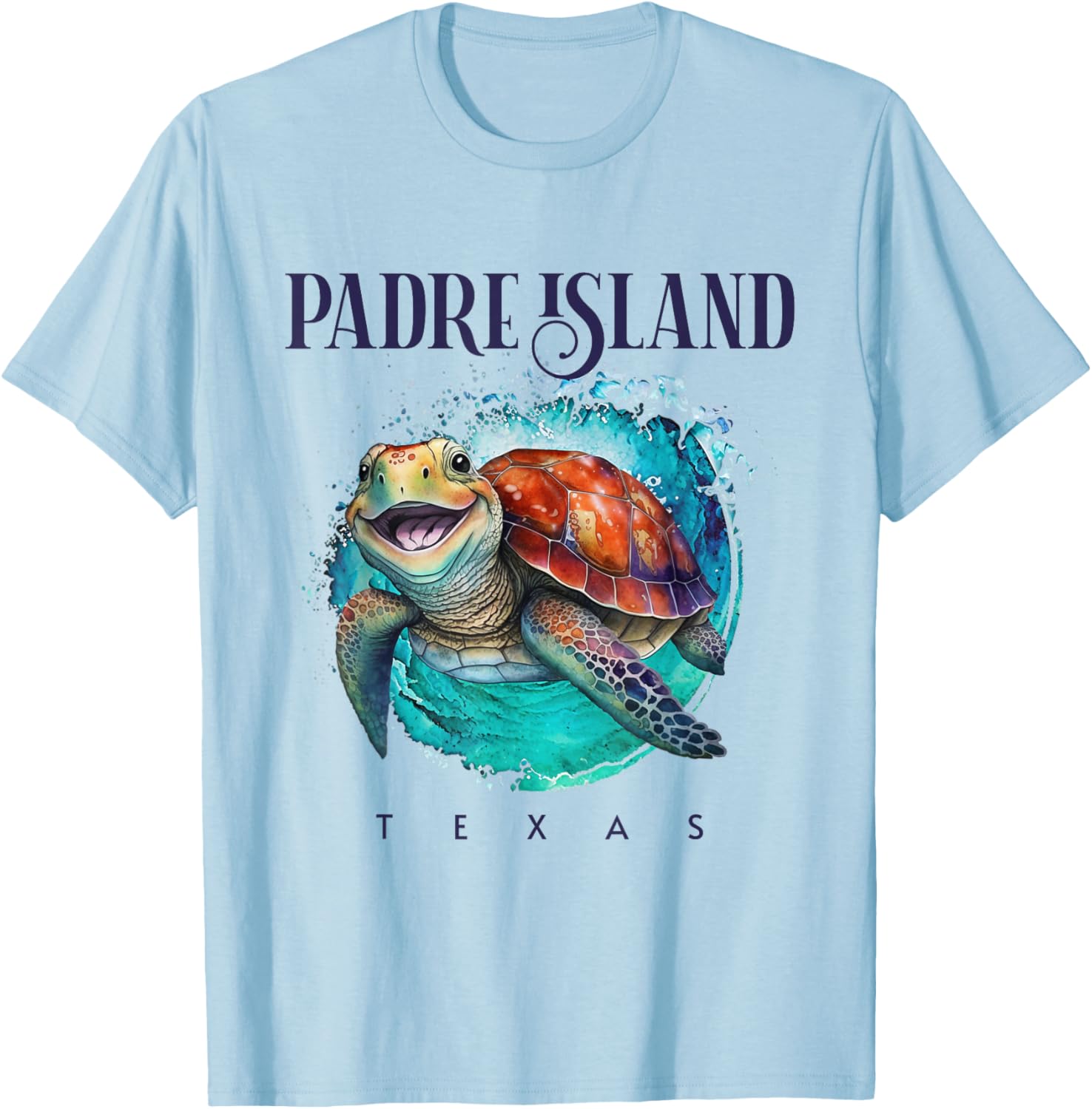 Padre Island Texas Watercolor Happy Sea Turtle T-Shirt - T-Shirt | Light Blue