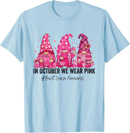 In October We Wear Pink Gnomes Breast Cancer Awareness T-Shirt - T-Shirt | Light Blue