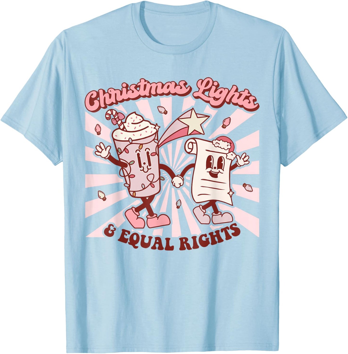 Trendy Christmas Retro Santa Equality Co. Christmas Lights & Equal Rights Feminist T-Shirt - T-Shirt | Light Blue