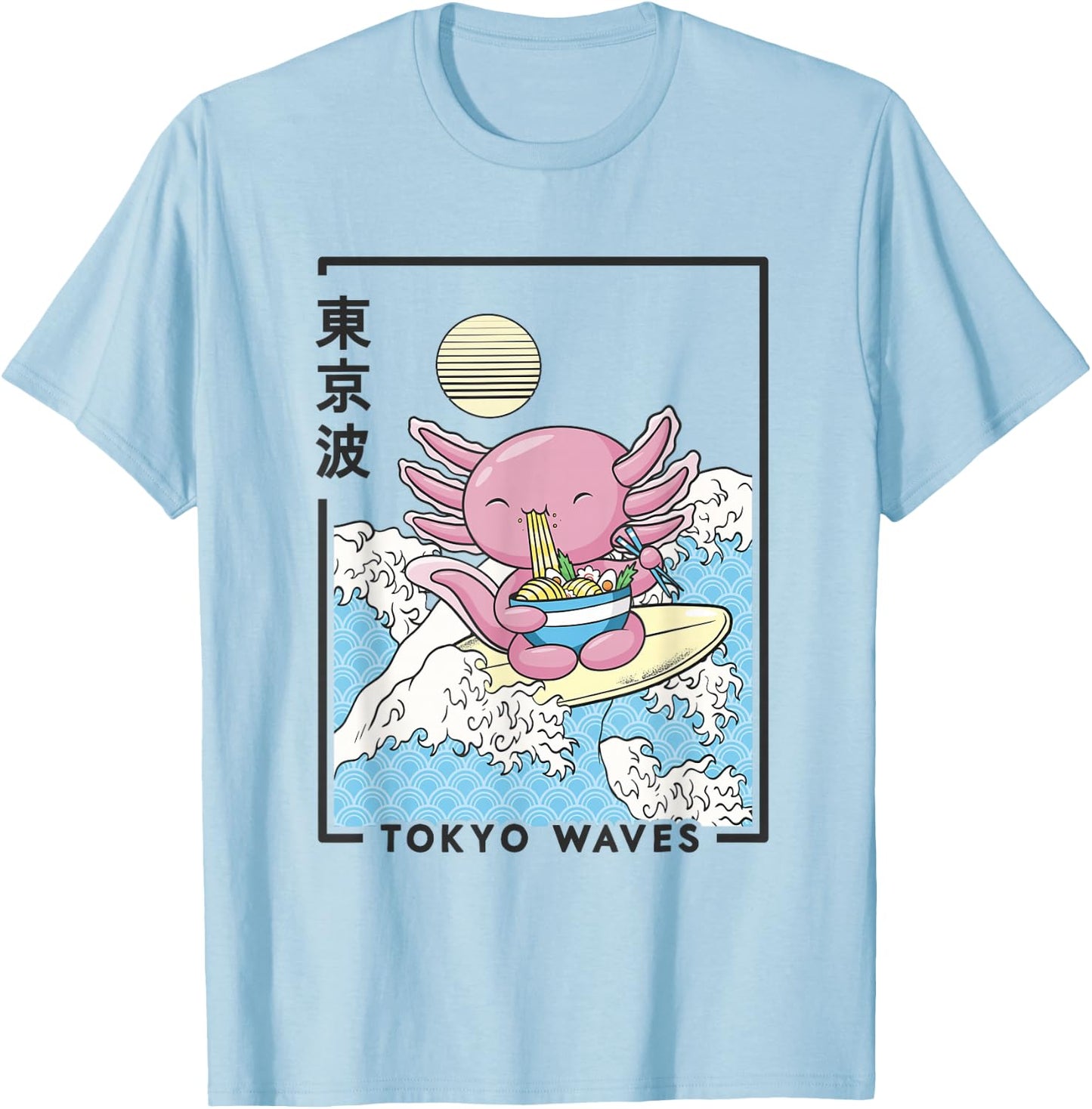 Axolotl Eating Ramen Japanese Waves Kids Kawaii Aesthetic T-Shirt - T-Shirt | Light Blue