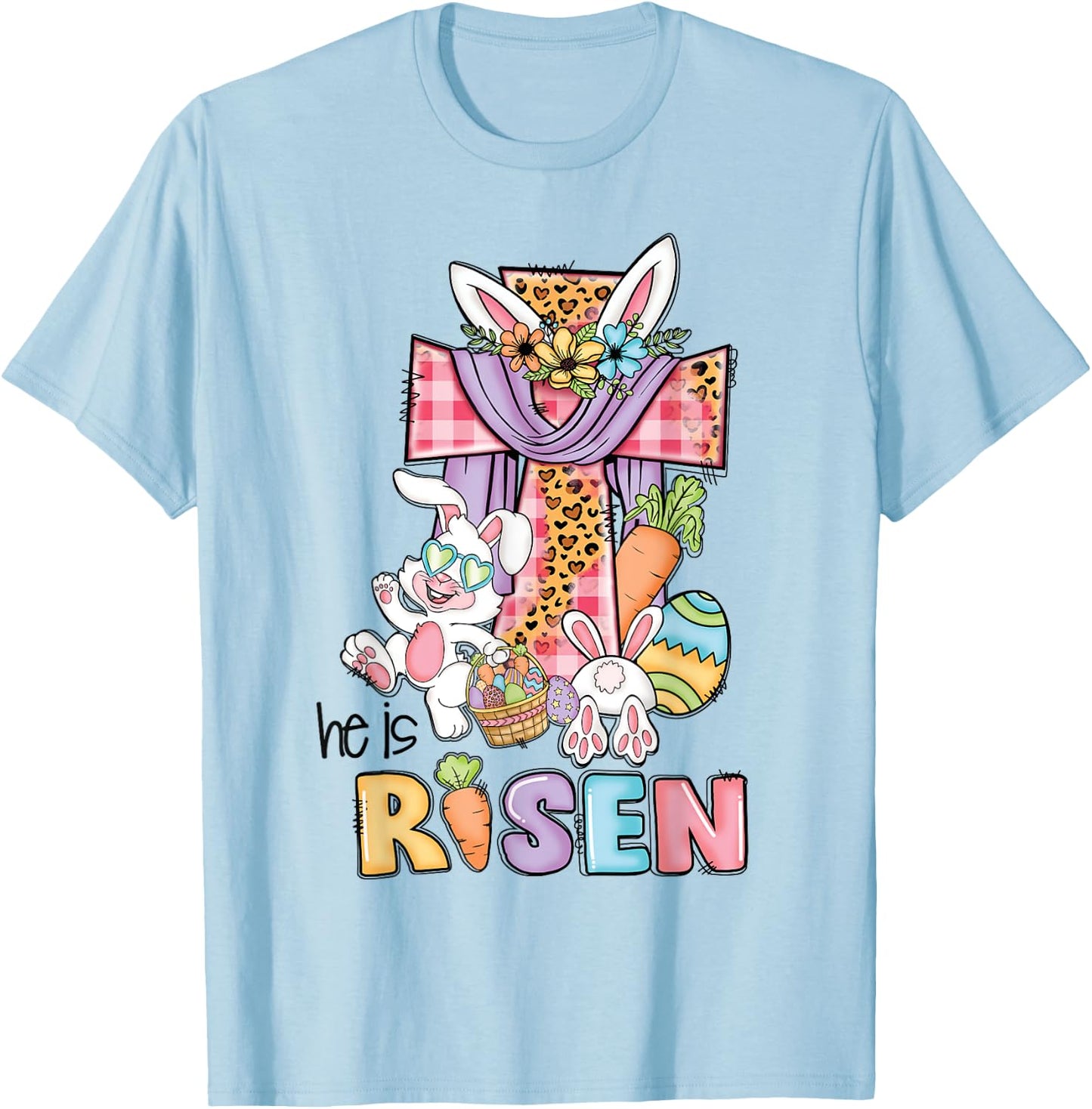 He is Risen Floral Cross Vintage Happy Easter Day T-Shirt - T-Shirt | Light Blue