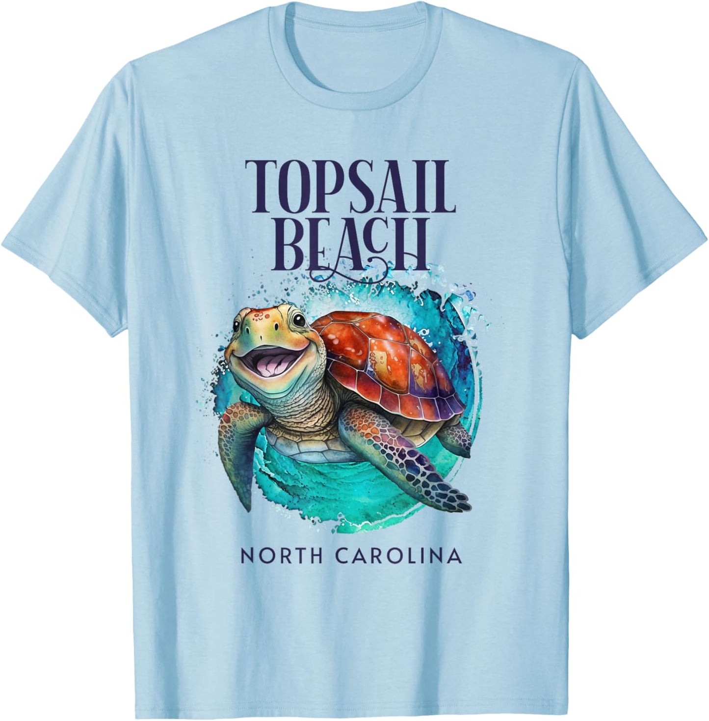 Topsail Beach North Carolina Watercolor Happy Sea Turtle Men Women Kids T-Shirt - T-Shirt | Light Blue